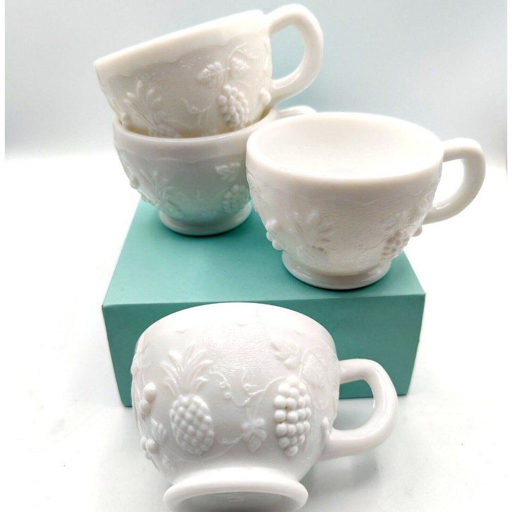 Vintage White Milk Glass Coffee Tea Punch Cup Fruits Pattern Westmoreland 1950s